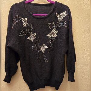 Vintage Black Beaded Floral Knit Sweater Embellished